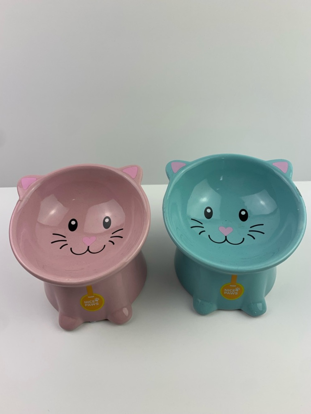 Nice Paws Ceramic Tilted & Raised Cat Bowls Lot Of 2 Pink Blue